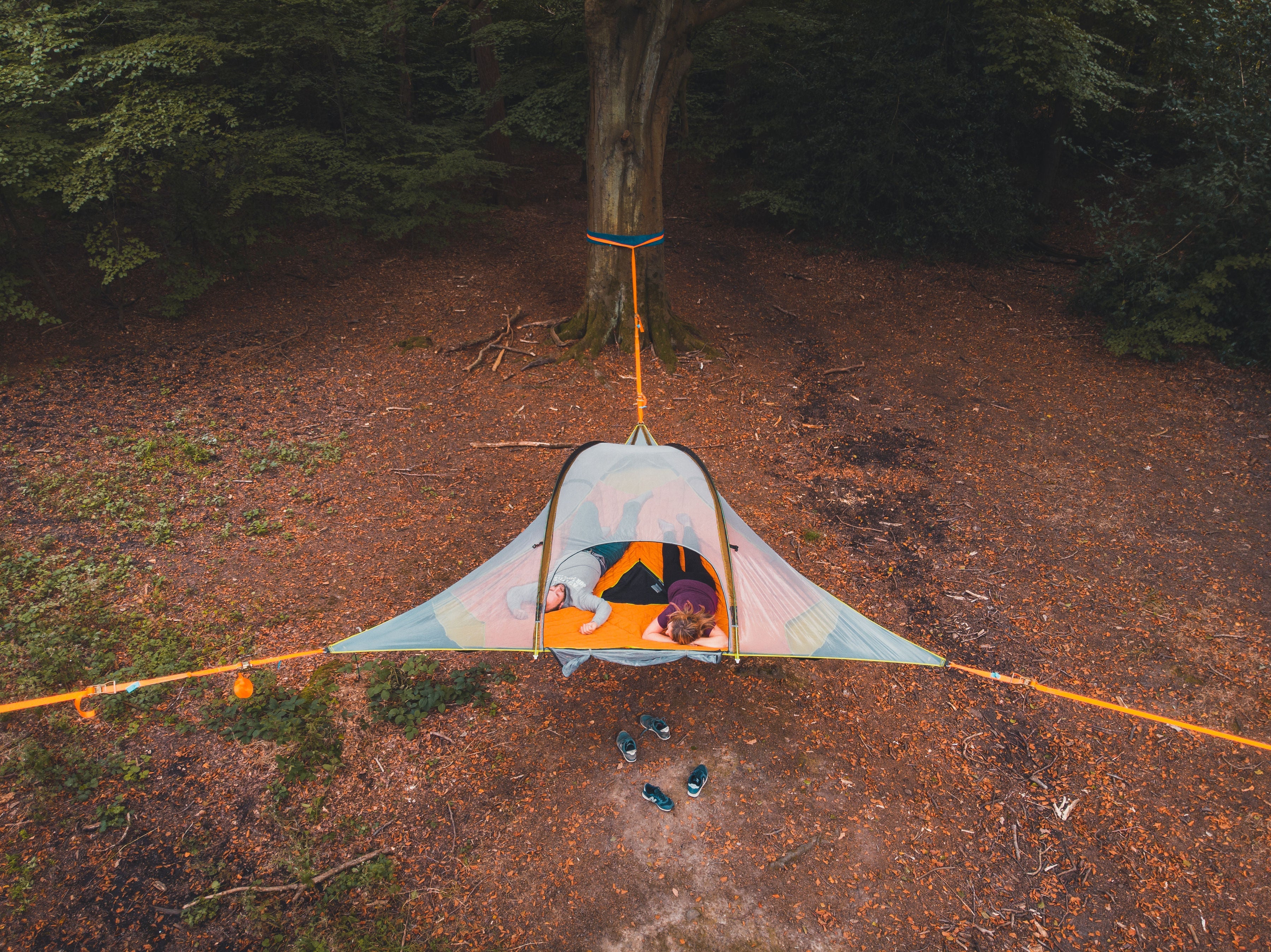 aerial shot of a couple camping in a Tentsile Tree Tent